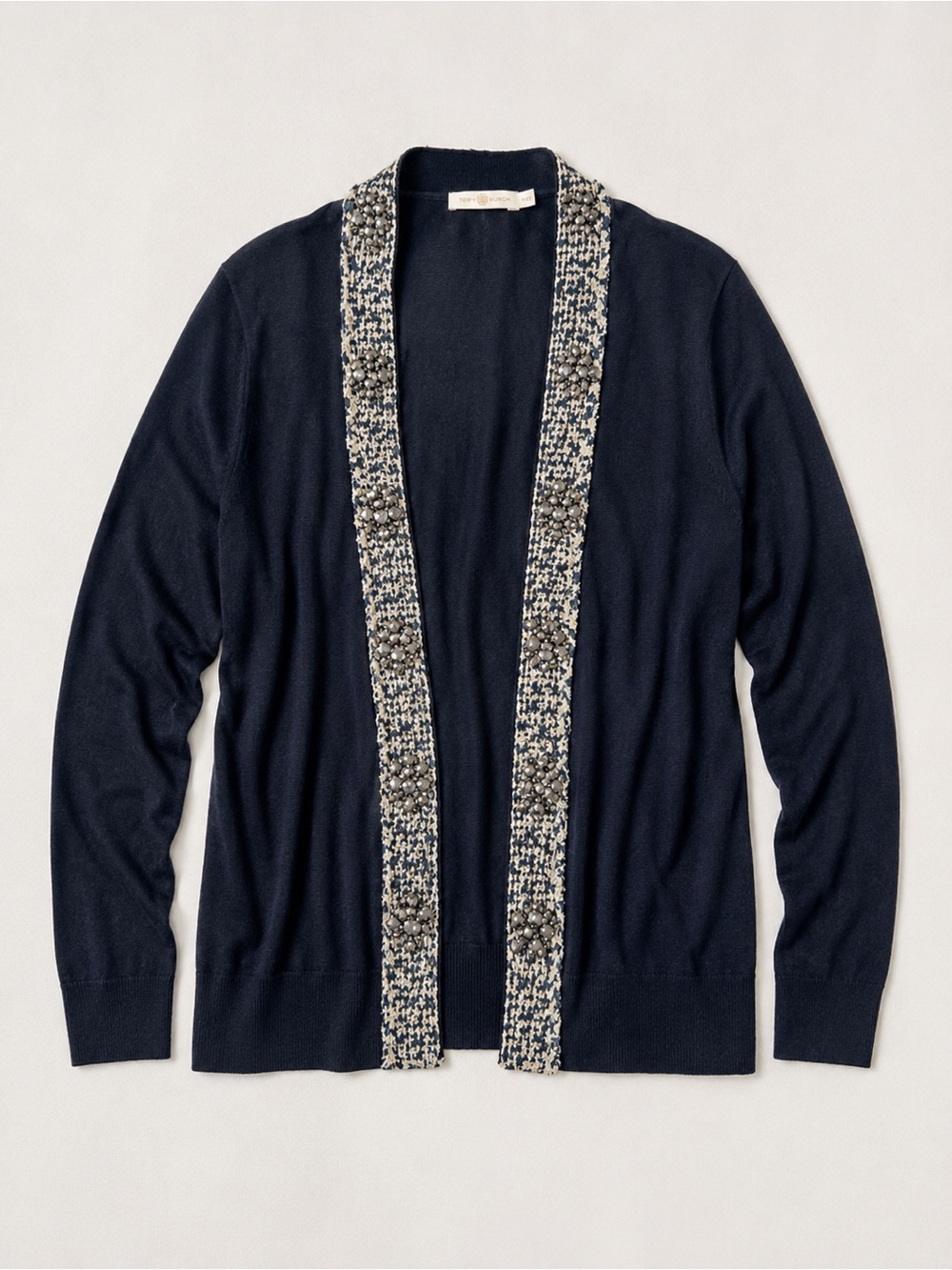 Tory Burch Navy Open-Front Quincy Cardigan with Tweed Trim